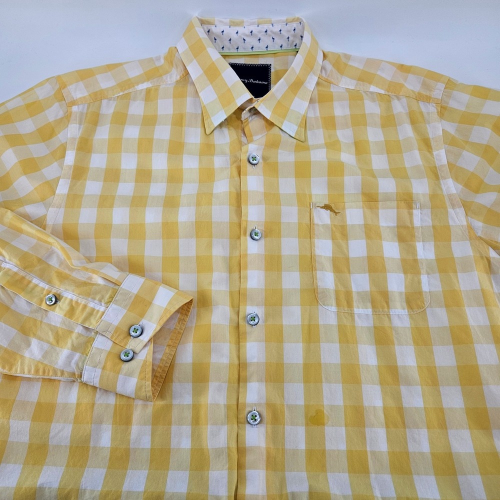 Tommy‎ Bahama Mens Yellow Gingham Pima Cotton Button Down Shirt Medium